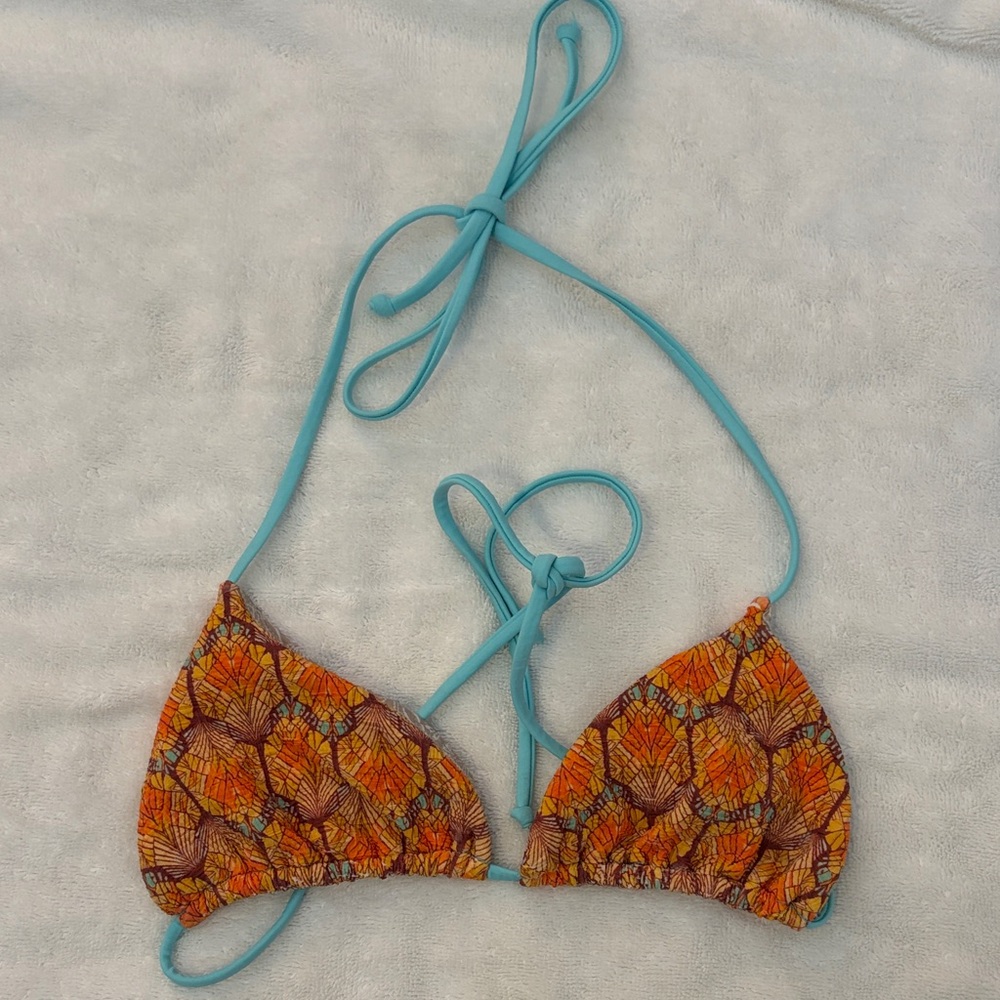 Anthropologie Orange Patterned Triangle Bikini Top with Blue Straps